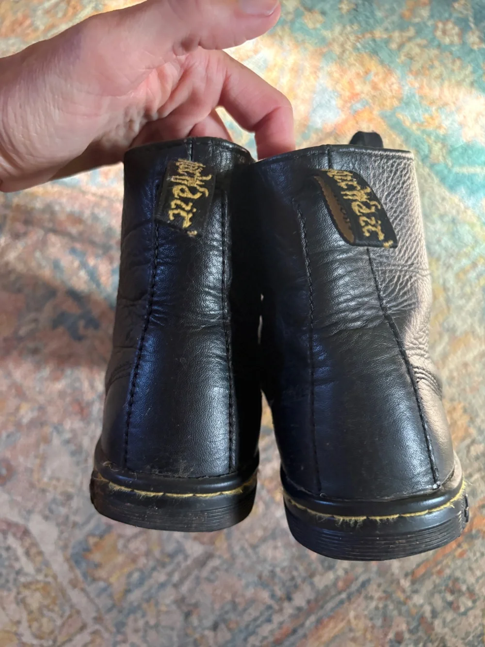 Dr. Martens Black Leather Leyton Ankle Boots with Yellow Stitching